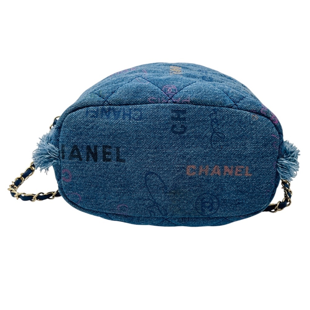 CHANEL 2022 BLUE MULTI QUILTED FRINGED LOGO PRINTED DENIM MOOD CHAIN MINI SHOULD - Picture 4 of 13